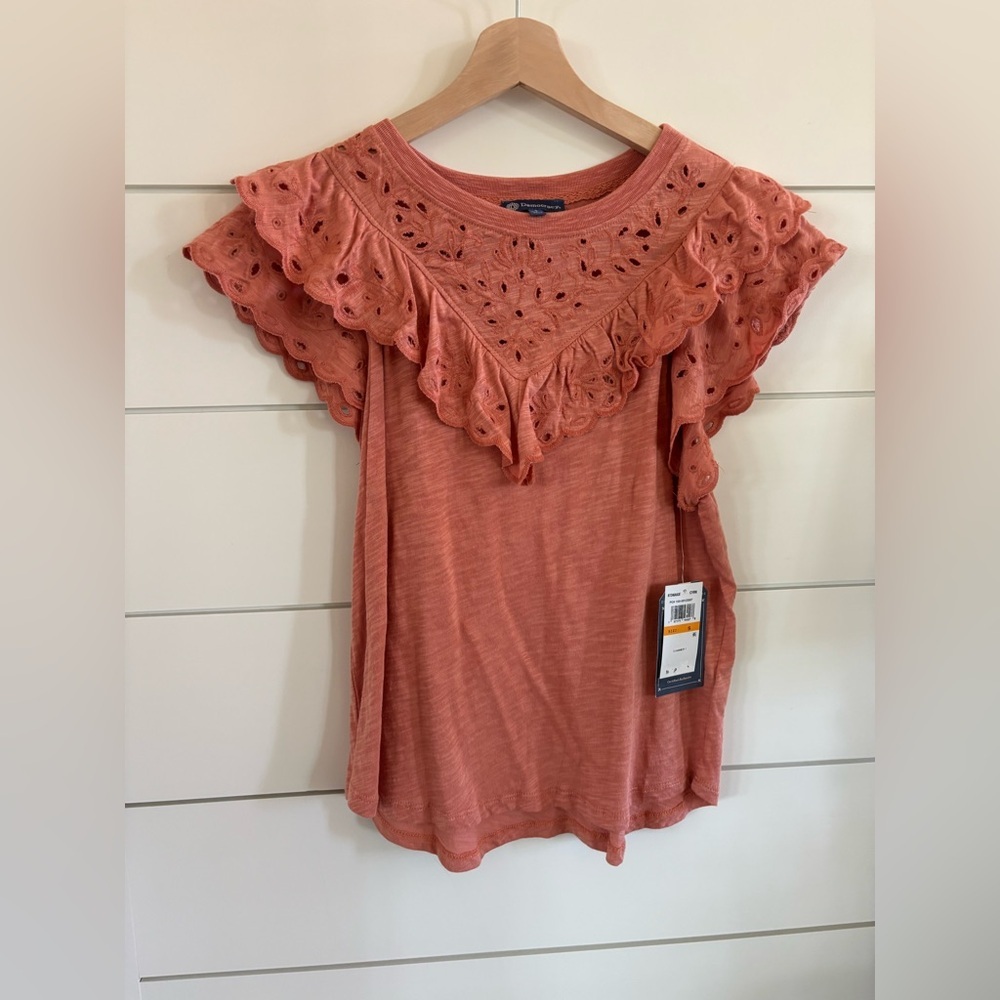 Democracy Eyelet Ruffle Sleeve Top in Coral Color NWT